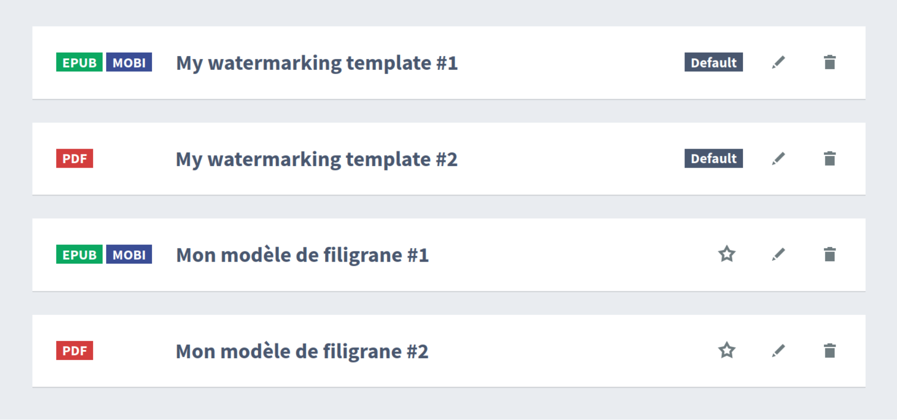 A watermarking template list with separate templates configured for English and French books