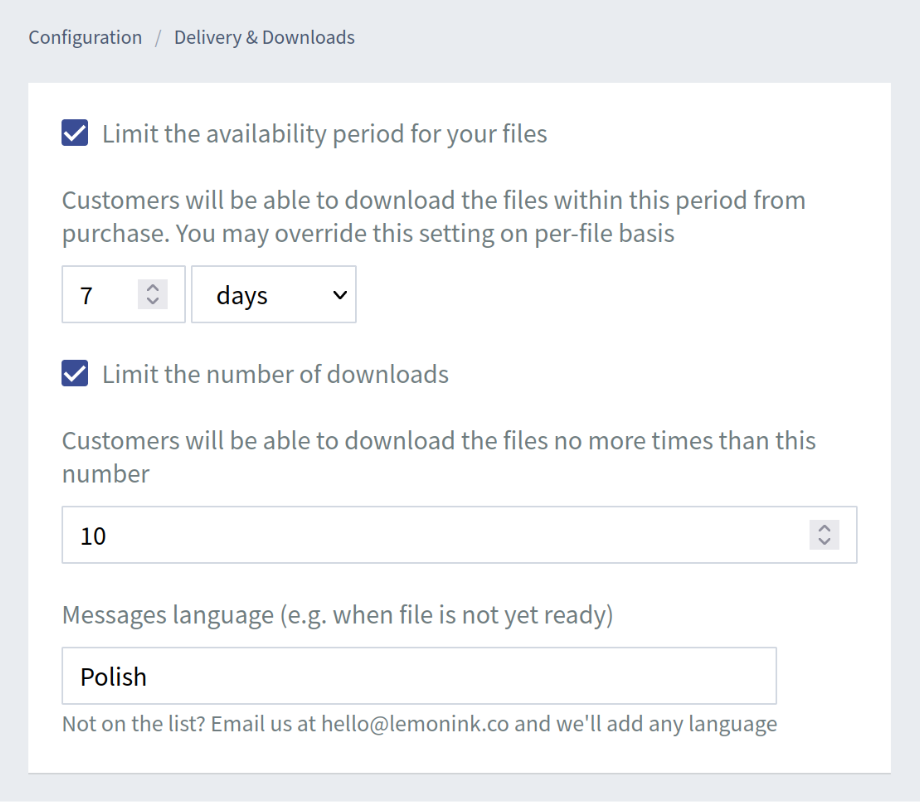 The new Delivery & Downloads configuration screen